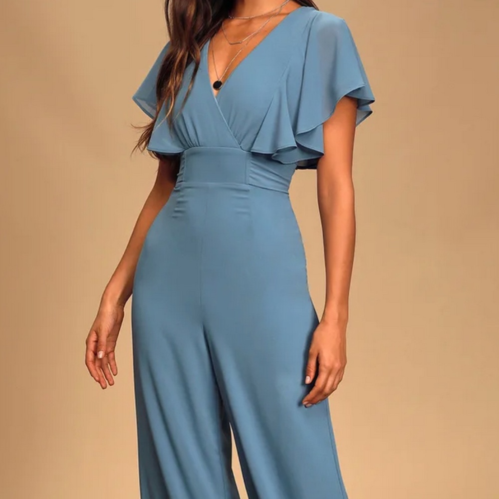 Lulu's Slate Blue Flutter Sleeve Jumpsuit